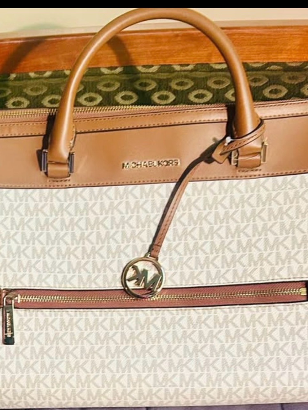 Michael Kors Beige and Brown Logo Satchel with Gold Accent
